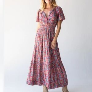 Natural Life Bella Maxi Dress Red Floral Women's Large Boho Garden Girl
